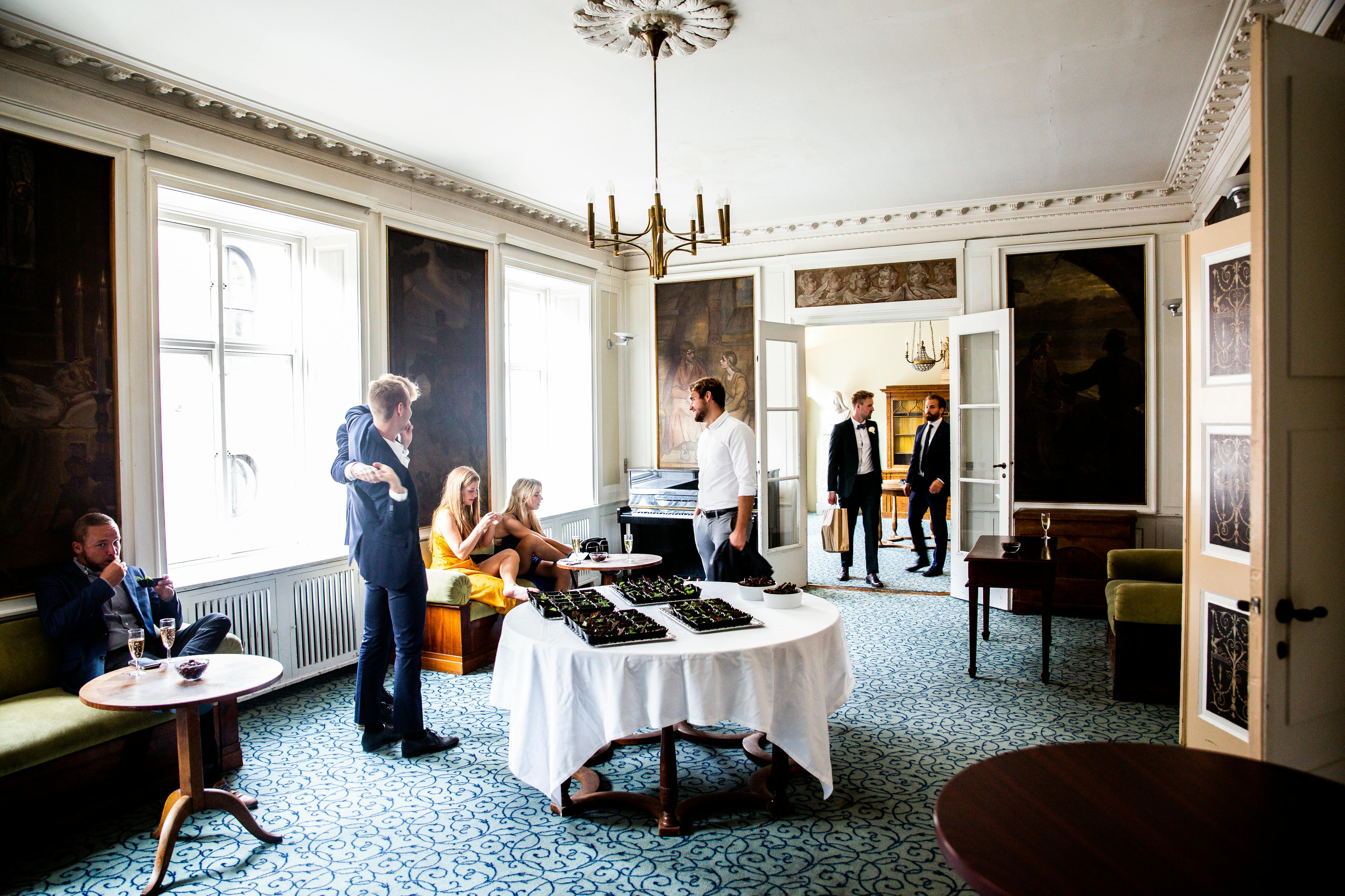 在一间装饰经典、光线自然的精致房间里，一群成年人正享受着社交活动