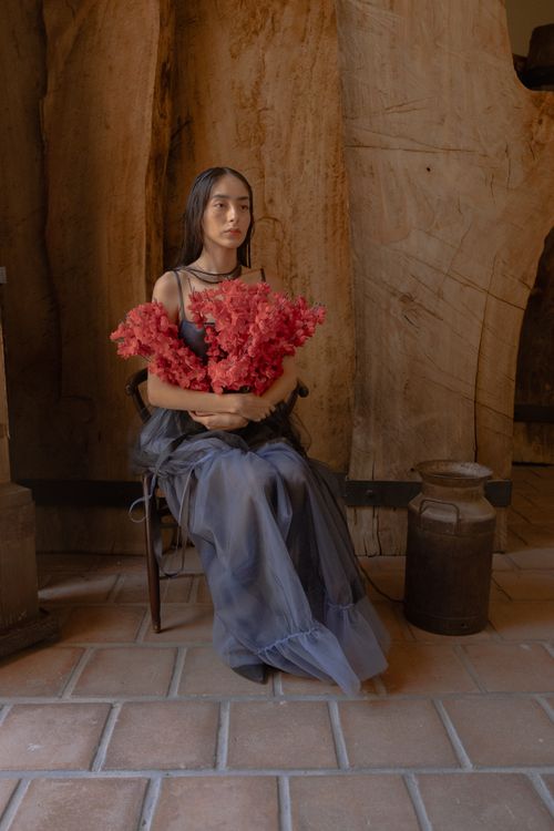 Free A woman in a blue gown holding red flowers, seated indoors with a rustic background. Stock Photo