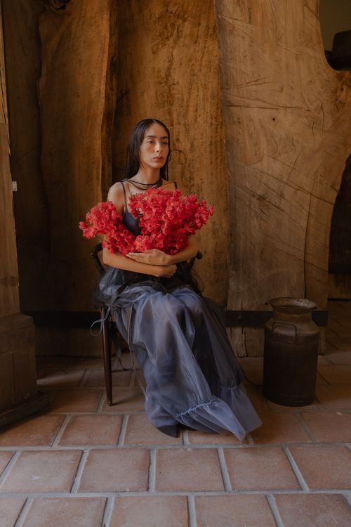 Free Artistic portrait of a woman in a flowing dress holding red flowers indoors, creating a moody atmosphere. Stock Photo