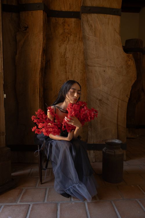 Free A woman in a graceful pose holding red flowers in a rustic, wooden interior. Stock Photo