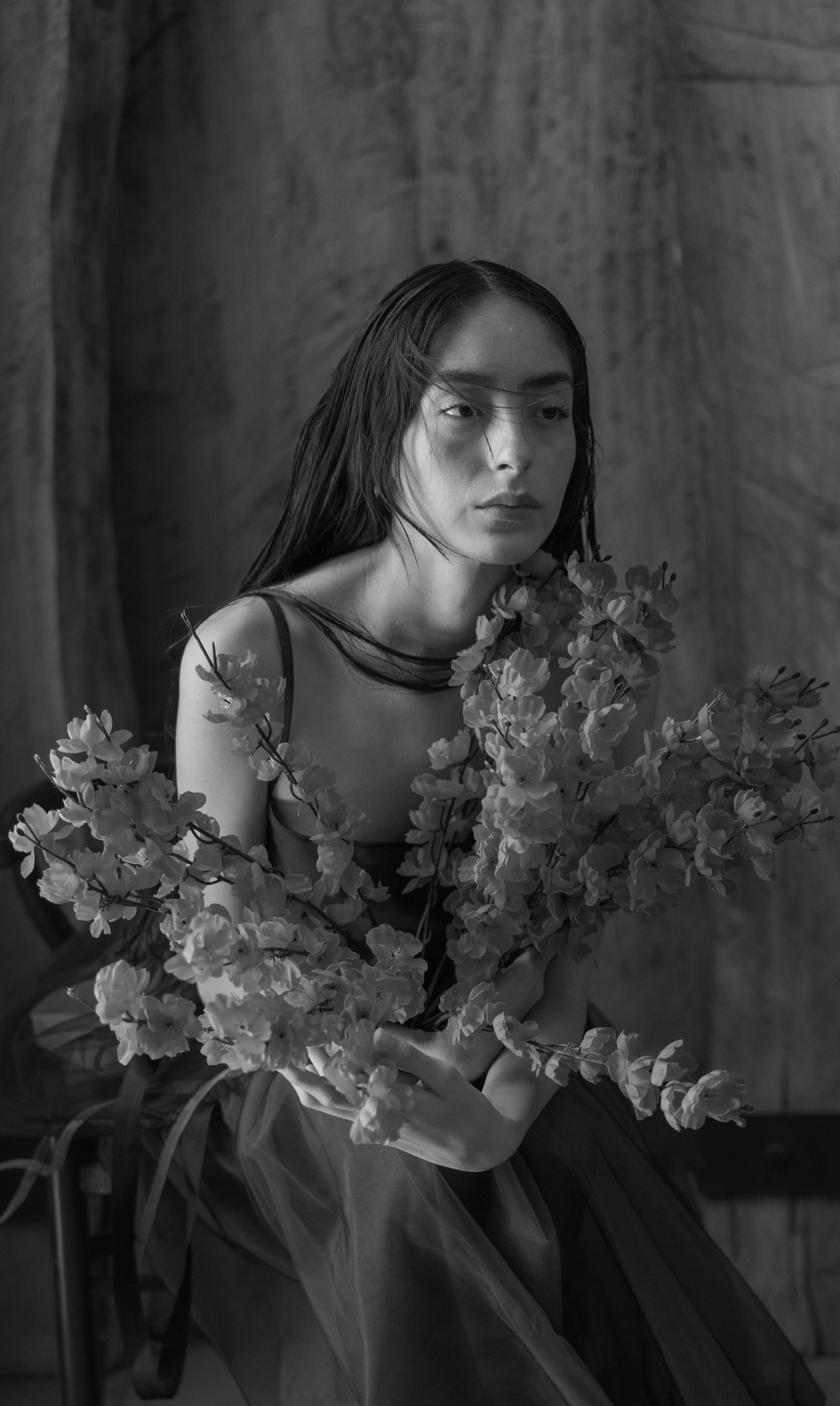 Elegant Black and White Portrait with Flowers · Free Stock Photo