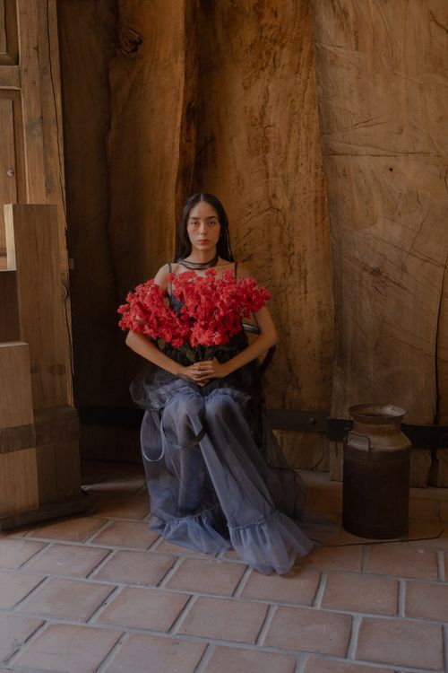 Free A woman in a rustic setting holding vibrant red flowers, blending elegance with nature. Stock Photo