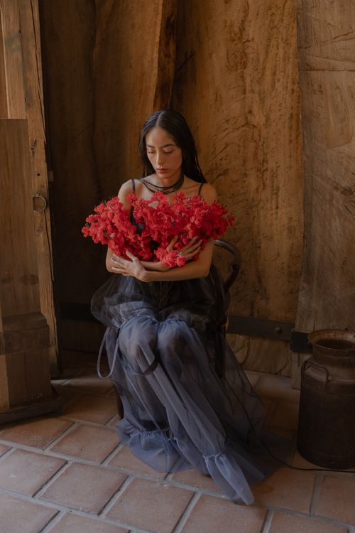Free A woman in a black dress holds red flowers seated in a rustic wooden room. Stock Photo