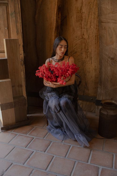 Free Woman in a dark dress holding red flowers sitting in a rustic room. Stock Photo