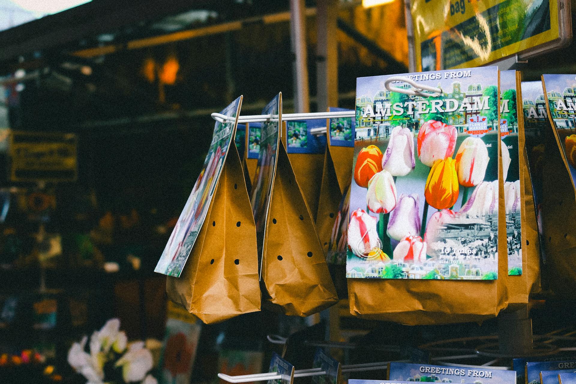 Colorful tulip bulb souvenir packs hanging in Amsterdam market.
