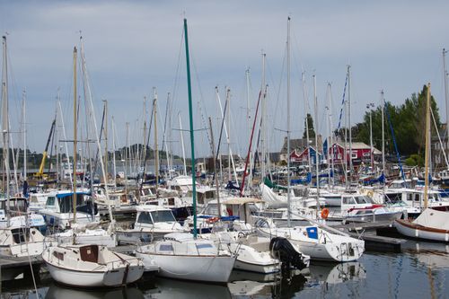 Free Sailing boats docked in a picturesque harbor in Brittany, France under a clear sky. Stock Photo