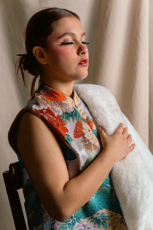 Free A woman in colorful traditional clothing poses elegantly indoors against a soft backdrop. Stock Photo