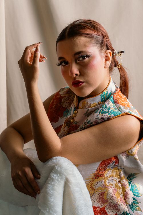 Free Stylish portrait of a woman in a patterned sleeveless dress, showcasing a fusion of traditional and modern fashion. Stock Photo