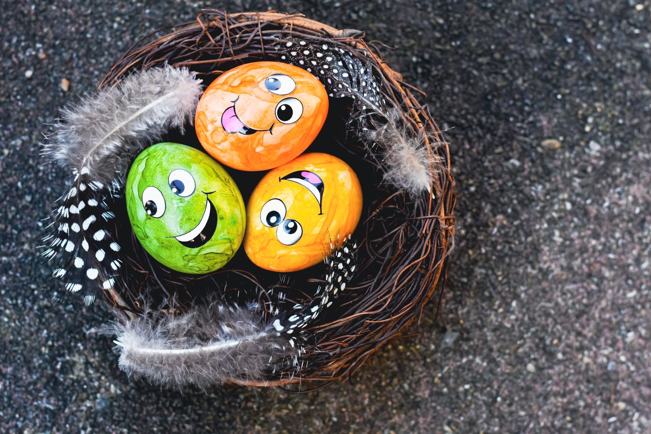colorful easter eggs with happy faces in a decorative nest perfect for