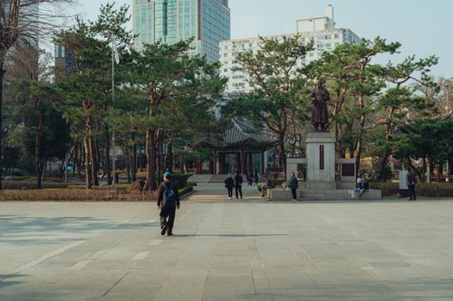 Free Serene scene of a park in Seoul featuring a statue amidst greenery and urban buildings. Stock Photo