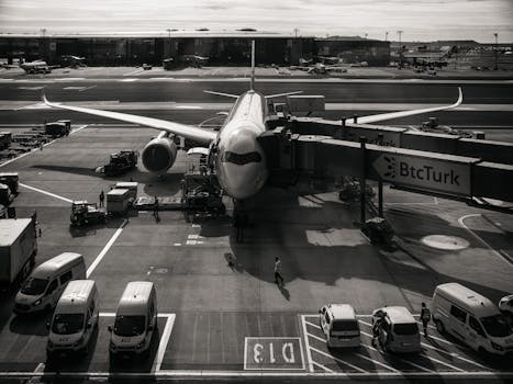 Monochrome image of airplane at airport gate with vehicles and jetway during the day.