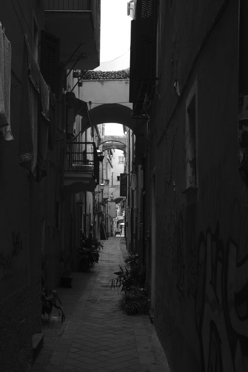 Free Explore the atmospheric charm of an Italian alleyway in this striking black and white photograph. Stock Photo