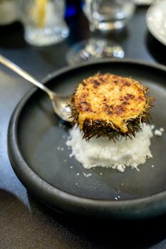 Elegant presentation of a gourmet sea urchin dish on a dark plate, perfect for food enthusiasts.