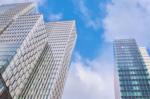 Free Stunning view of Frankfurt's modern skyscrapers against a blue sky. Stock Photo