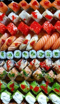 Colorful sushi platter featuring traditional nigiri and maki rolls, showcasing Japanese culinary art.