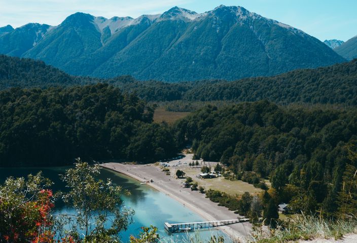 Panoramic view of Nahuel Huapi Lake and mountains in San Carlos de Bariloche, Argentina.