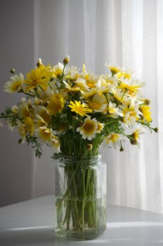 A charming arrangement of yellow and white daisies in a glass vase bathed in soft sunlight.
