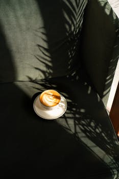 A stylish cup of cappuccino on a green sofa, highlighted by artistic shadows and sunlight.