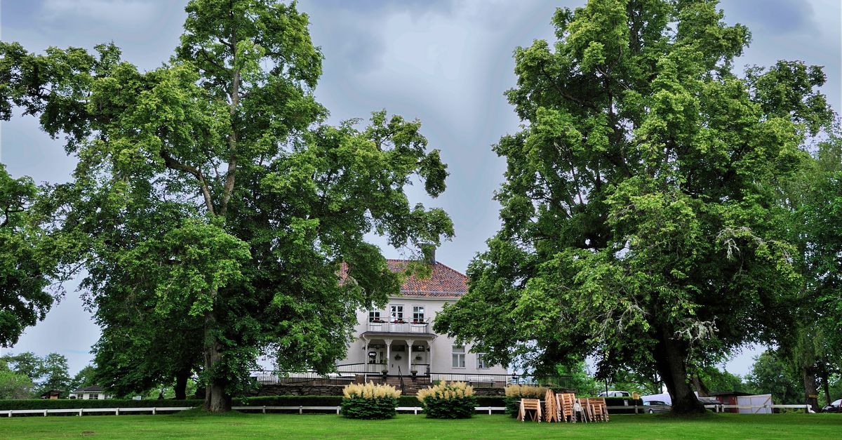 A picturesque country house amidst expansive lawns and towering trees under a cloudy sky.