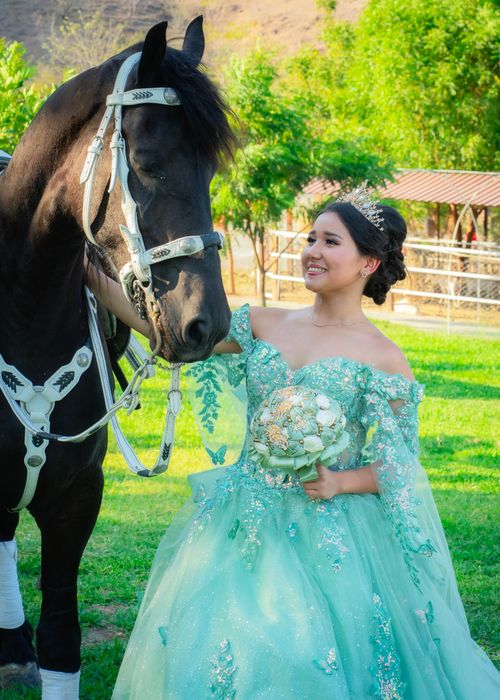 Free A young woman in a green dress enjoys a quinceañera celebration with a black horse in a lush garden. Stock Photo
