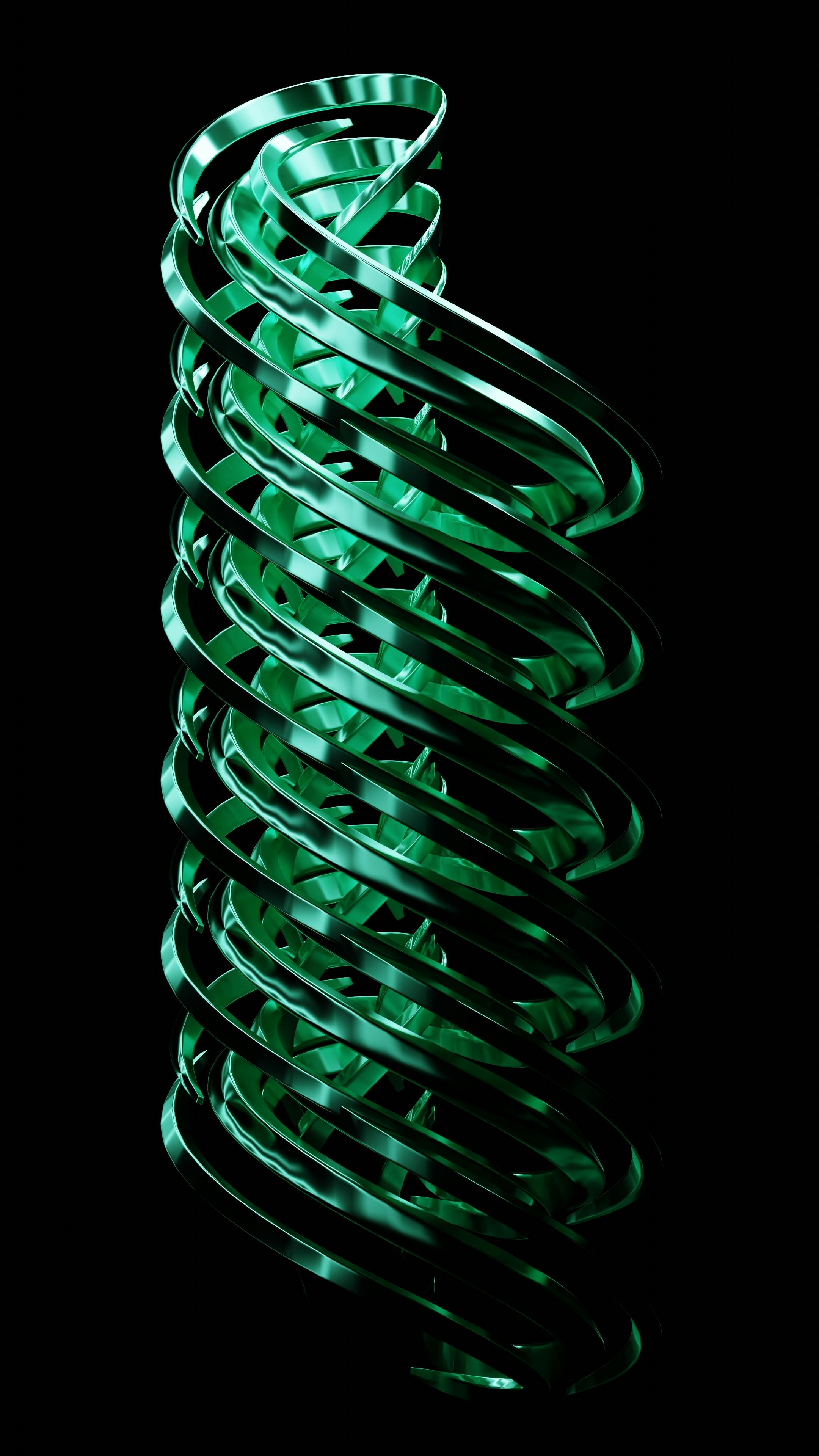 Artistic photo of a green spiral structure against a black backdrop, showcasing modern design.