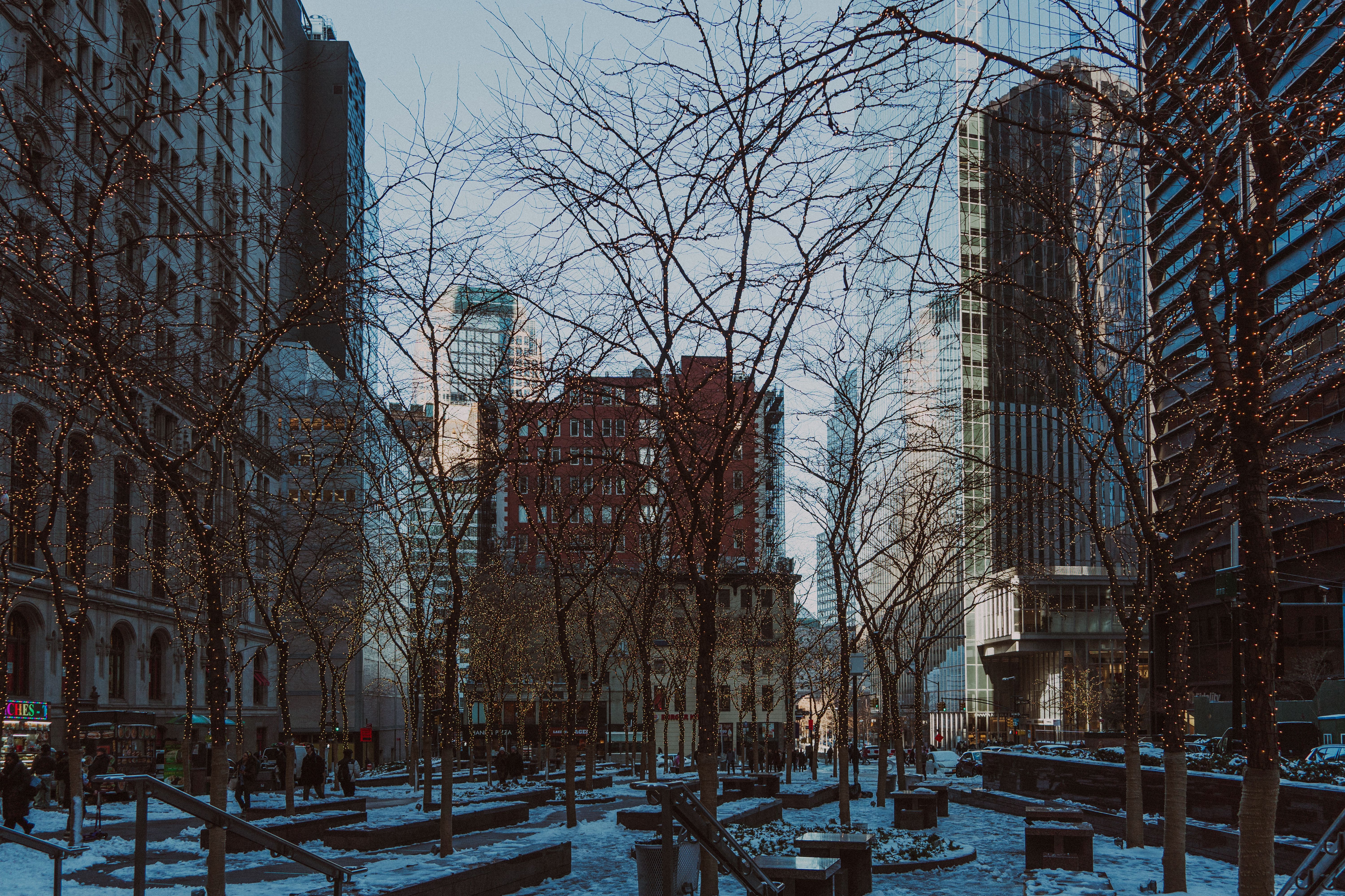 Kostenlos Entdecken Sie die Magie eines Winterabends mit funkelnden Lichtern in der Innenstadt von New York City. Stock-Foto
