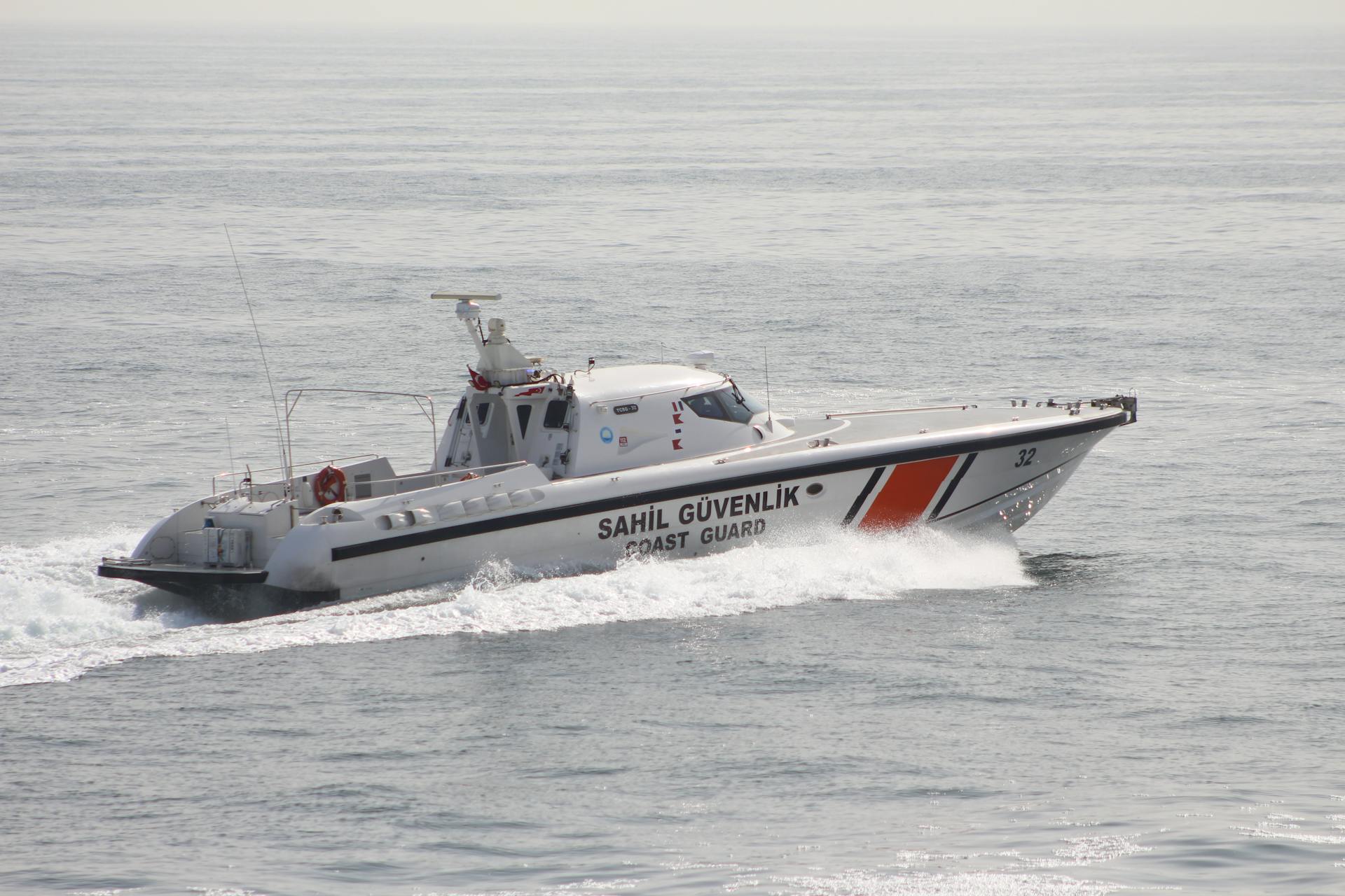 Turkish Coast Guard vessel cruising through calm waters off the coast of Tekirdağ.