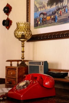 Classic red rotary phone on a wooden desk with vintage decor, capturing a nostalgic vibe.