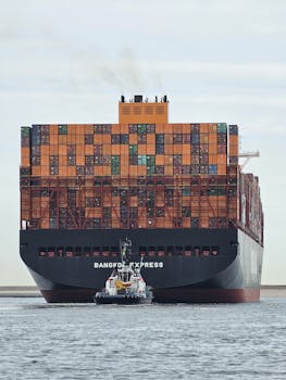 Large container ship 'Bangkok Express' with tugboat at Maasvlakte Rotterdam.