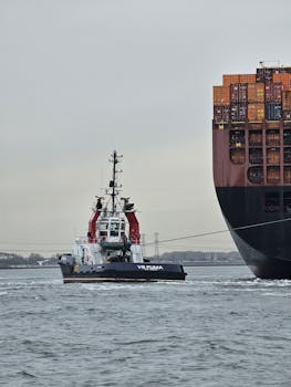 Tugboat guiding a large container ship at Maasvlakte Rotterdam, capturing maritime industry dynamics.