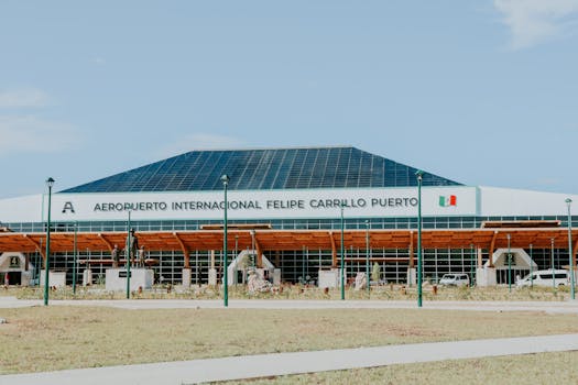 Daytime view of Felipe Carrillo Puerto International Airport in Mexico with clear blue sky.