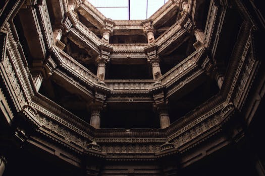 Explore the intricate architectural design of Adalaj Stepwell in India with its stunning multi-level structure.