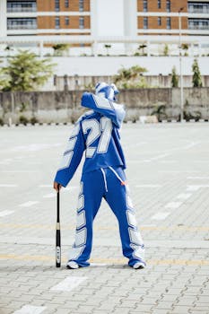 Cool urban street fashion with a baseball bat in an empty parking lot.