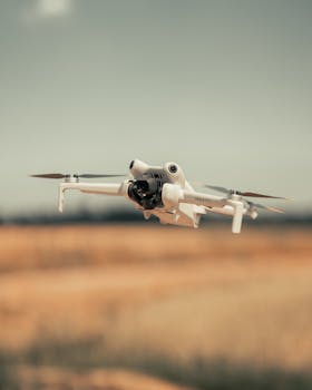 White drone flying over a golden field on a clear day, showcasing modern technology.