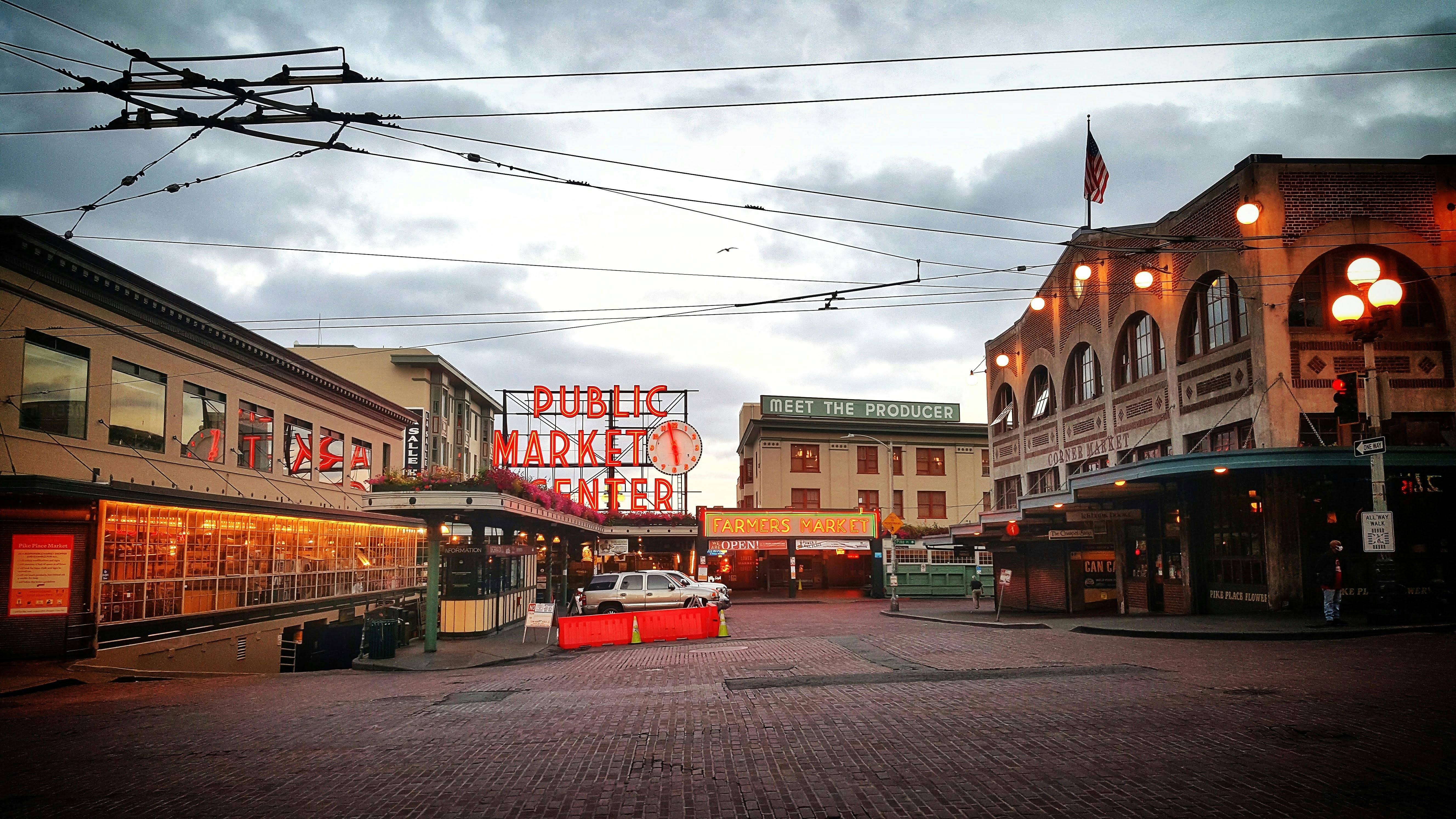 Pike Place Market in Seattle at twilight