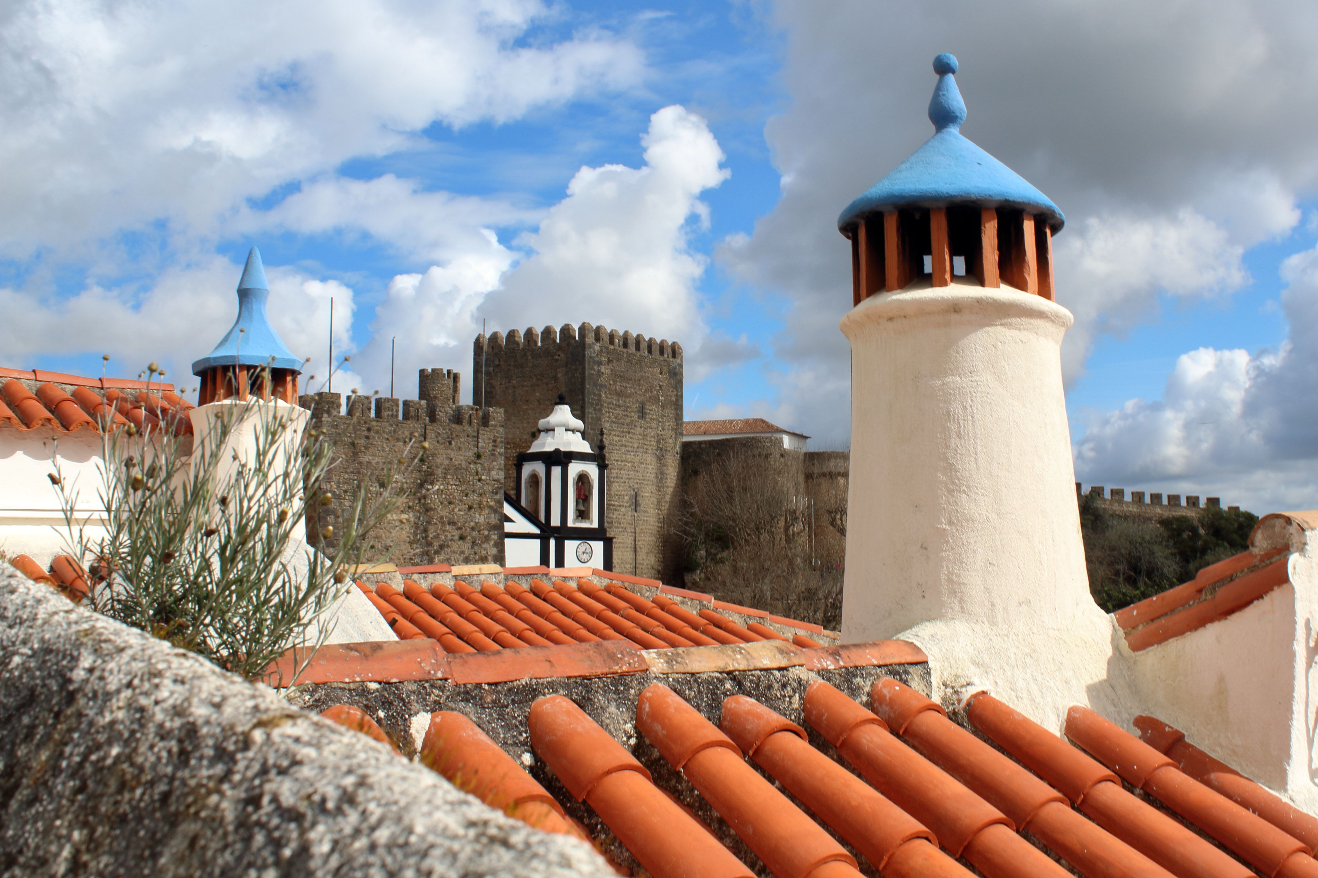 Charming view of Óbidos rooftops and medieval walls under a vibrant sky. - Óbidos