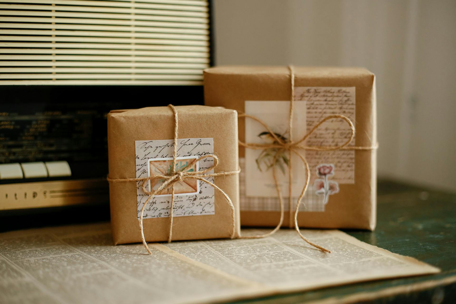 Stylishly wrapped gifts on a retro music background, perfect for vintage vibes and nostalgic moments.