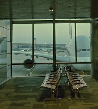 A large airplane is parked outside an airport terminal window at dawn.