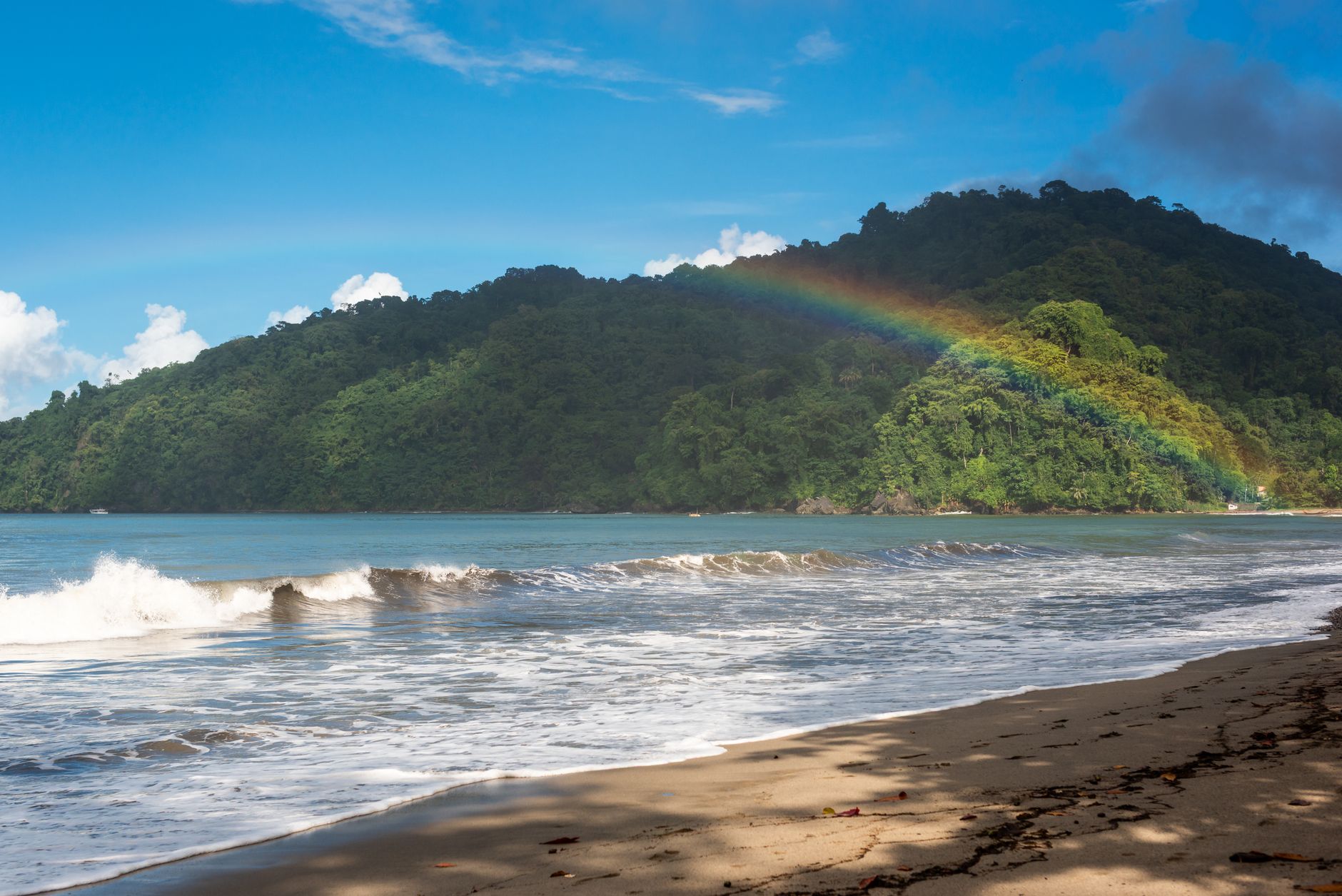 Vibrant rainbow stretches over a lush green hill by a sandy beach in Trinidad and Tobago.