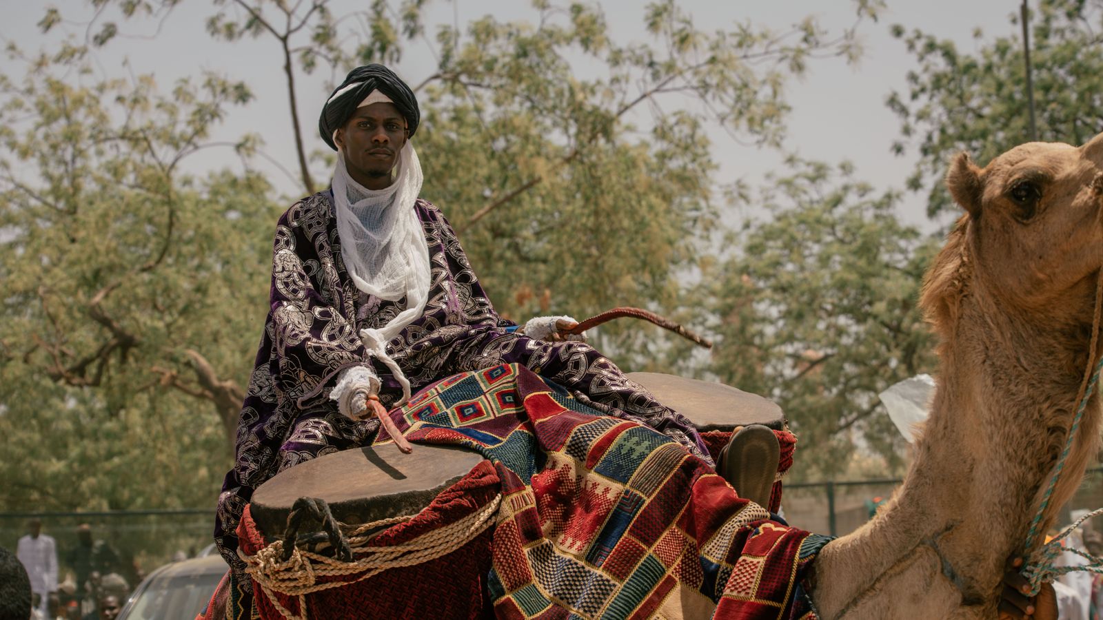 Traditional camel ride with colorful attire, Chad