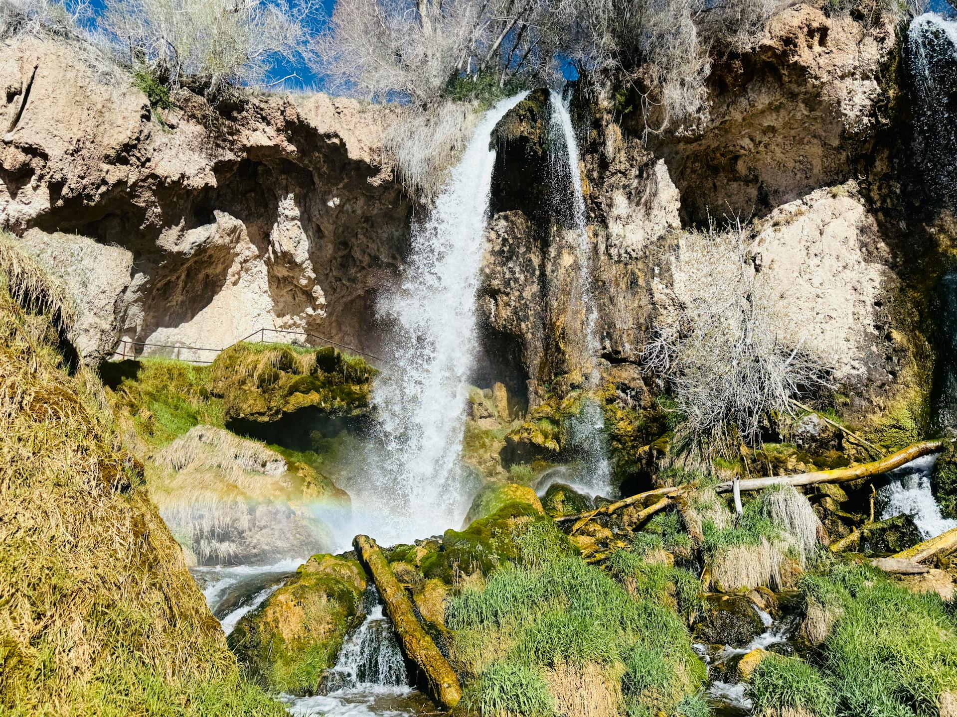 Beautiful waterfall cascading in Colorado landscape with rainbow highlights and surrounding foliage.