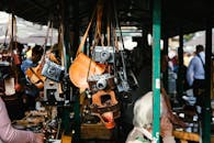 波兰克拉科夫的一个户外市场上悬挂着老式相机