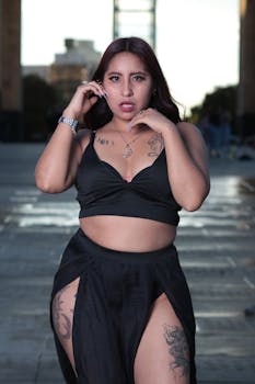 A young woman confidently poses in fashionable attire at a historic plaza in Mexico City.
