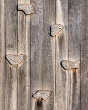 Close-up of a wooden climbing wall featuring various handholds for outdoor activities.