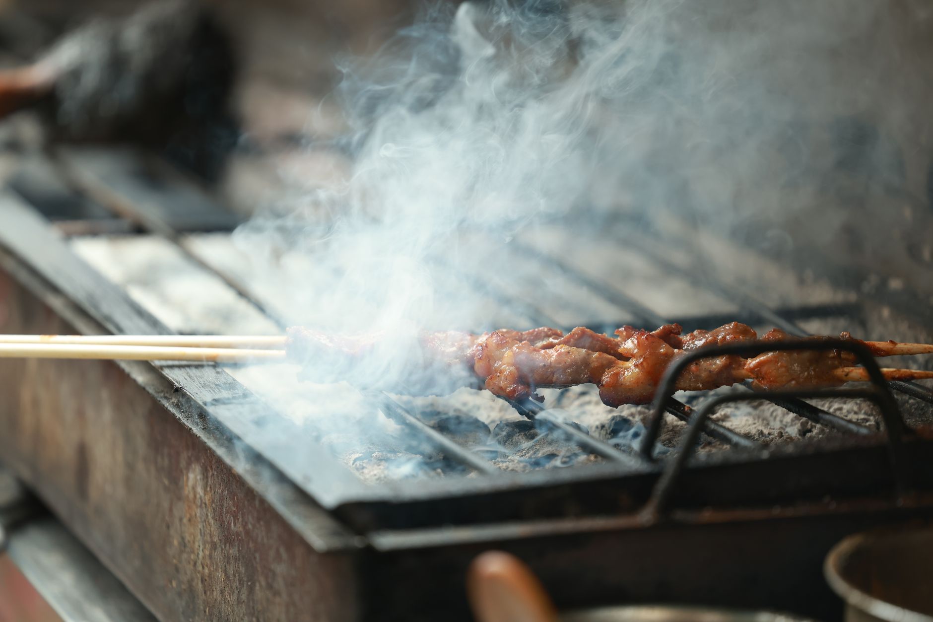 Grilled skewers with smoky aroma on outdoor barbecue. Perfect street food scene.