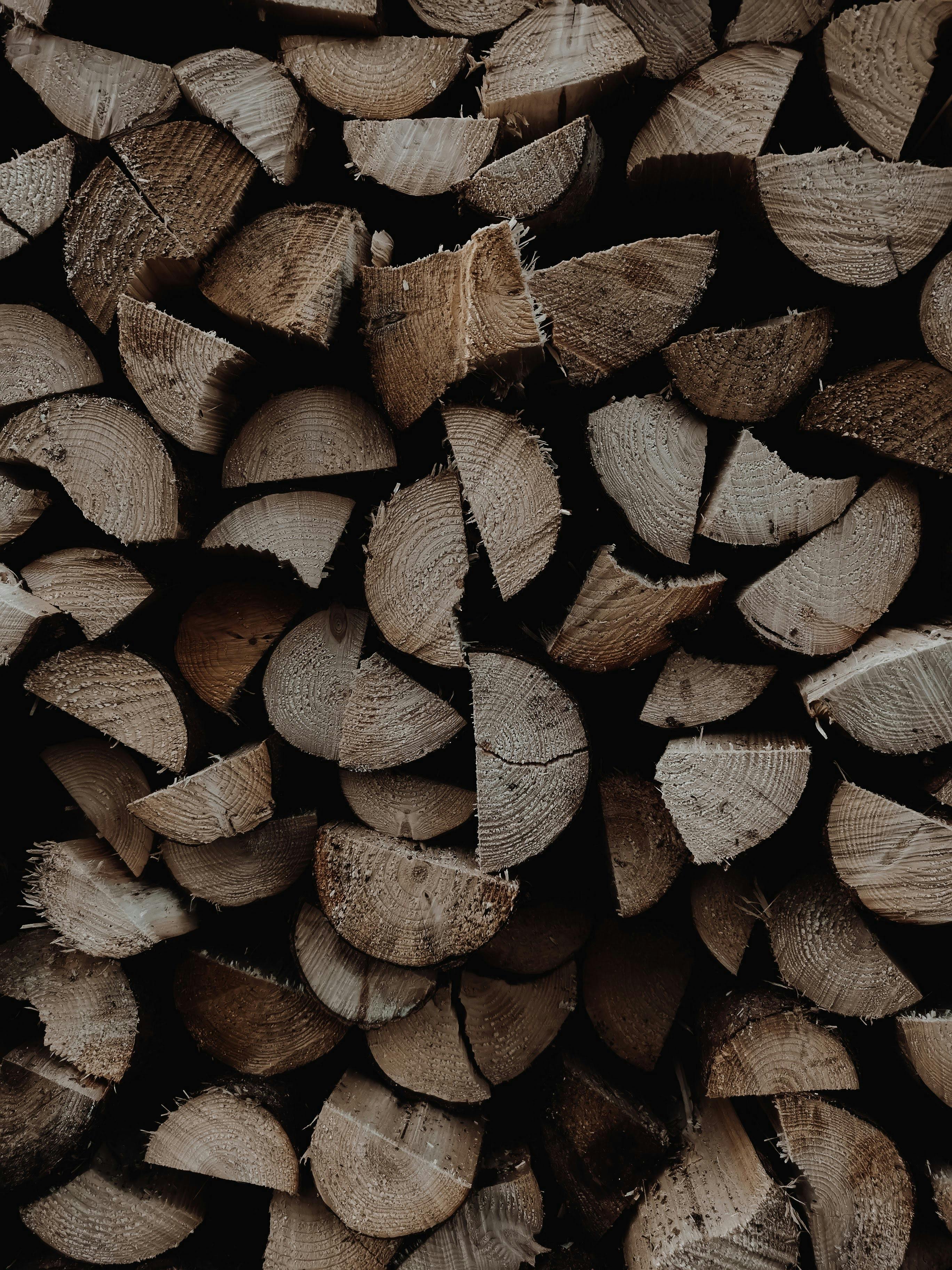 An artistic close-up of stacked firewood in Austria, showcasing natural patterns and earthy tones.