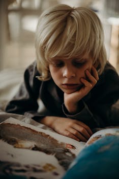 一个金发小男孩在室内全神贯注地看书，若有所思