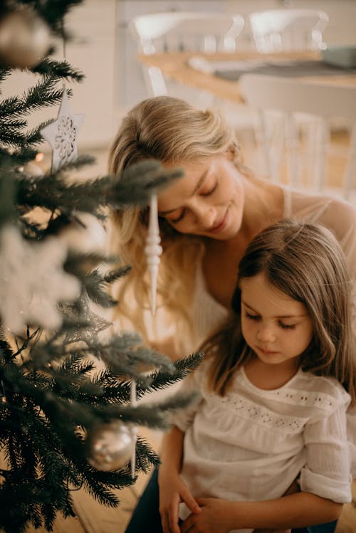 Femme Et Fille Debout à Côté De L'arbre De Noël