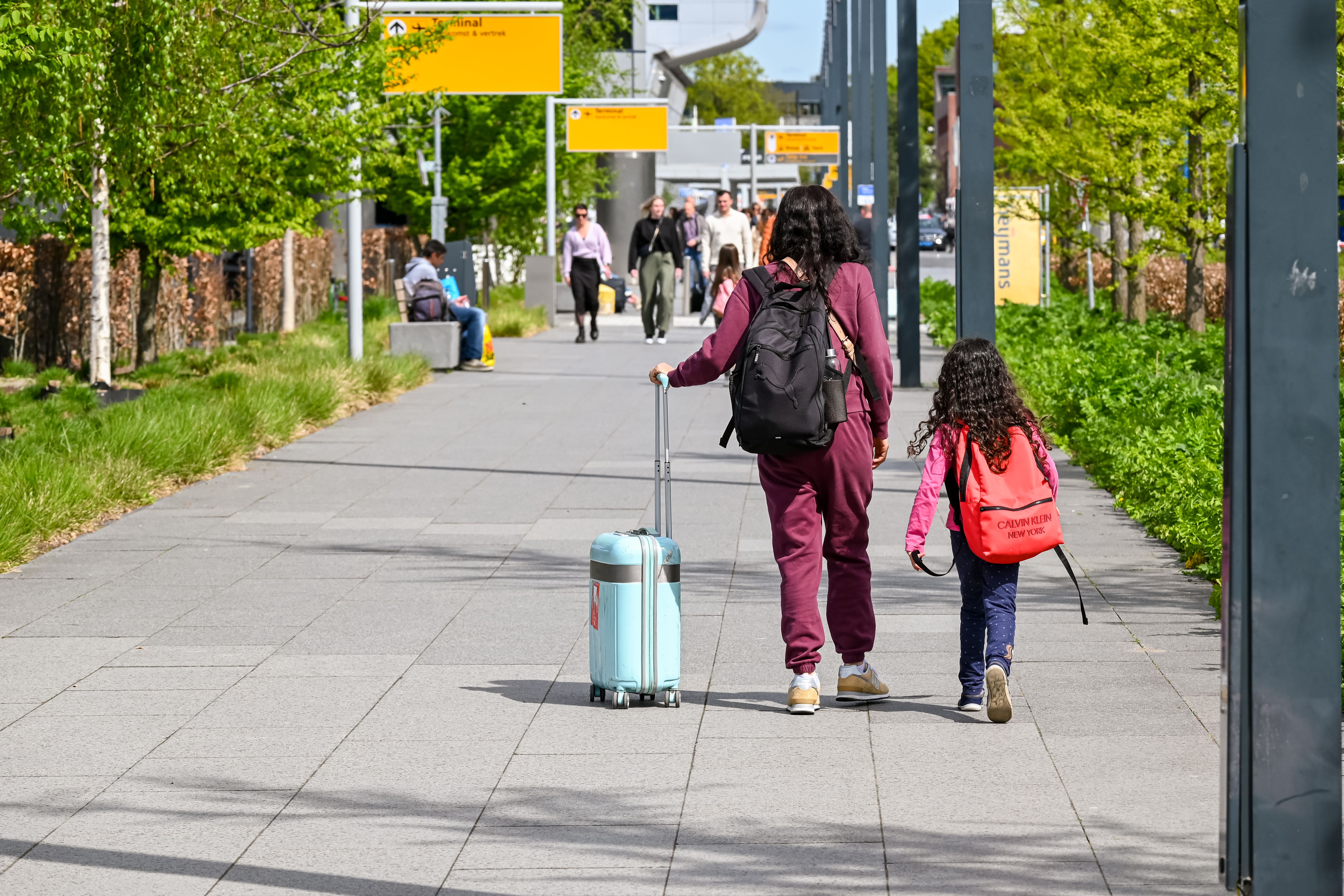 晴れた日に、アイントホーフェン空港の外を荷物を持って歩く母と娘