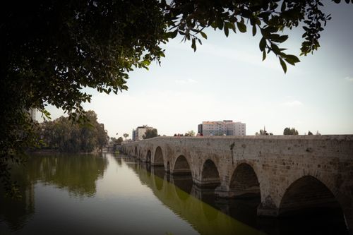 Free A scenic view of an ancient stone bridge crossing a peaceful river surrounded by nature. Stock Photo